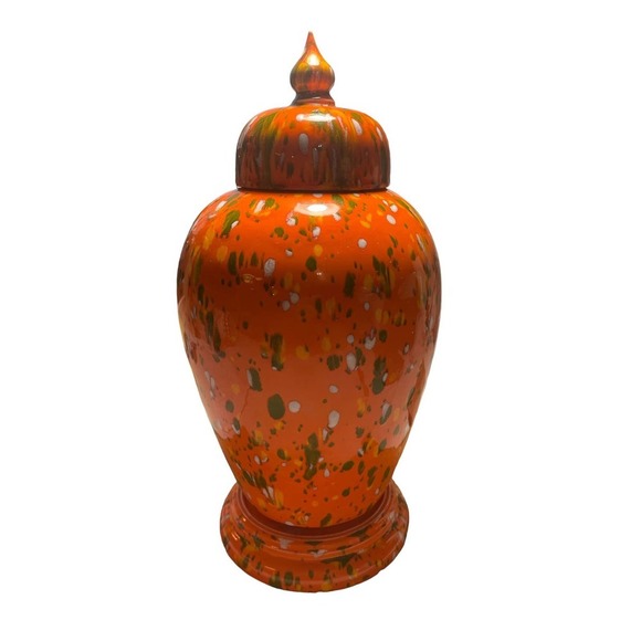 Ceramic Ginger Jar/Urn Orange with Green & White Speckles Vintage 1978